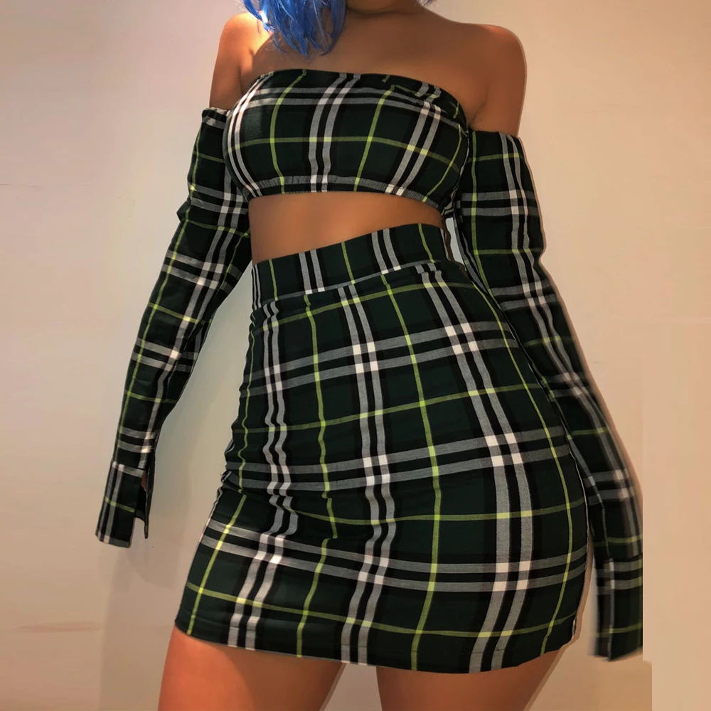 8173  New 2 piece set women Plaid printing Off Shoulder Women Spring Summer One-word collar tube Tops Sexy Mini Skirts