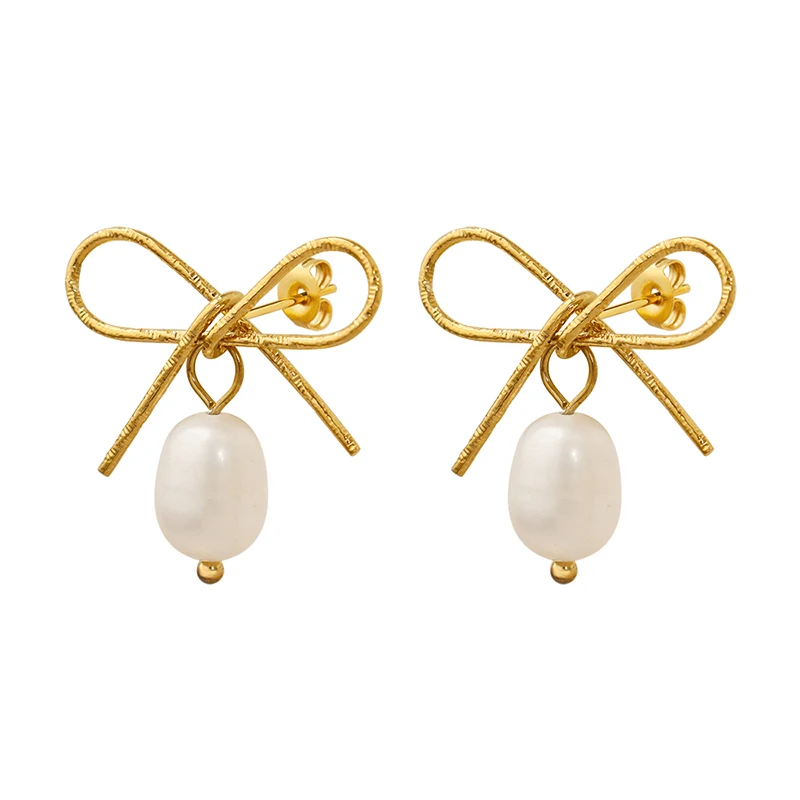 

New Sweet Fresh Water Pearl Earrings Bowknot Fashion Stainless Steel Earrings