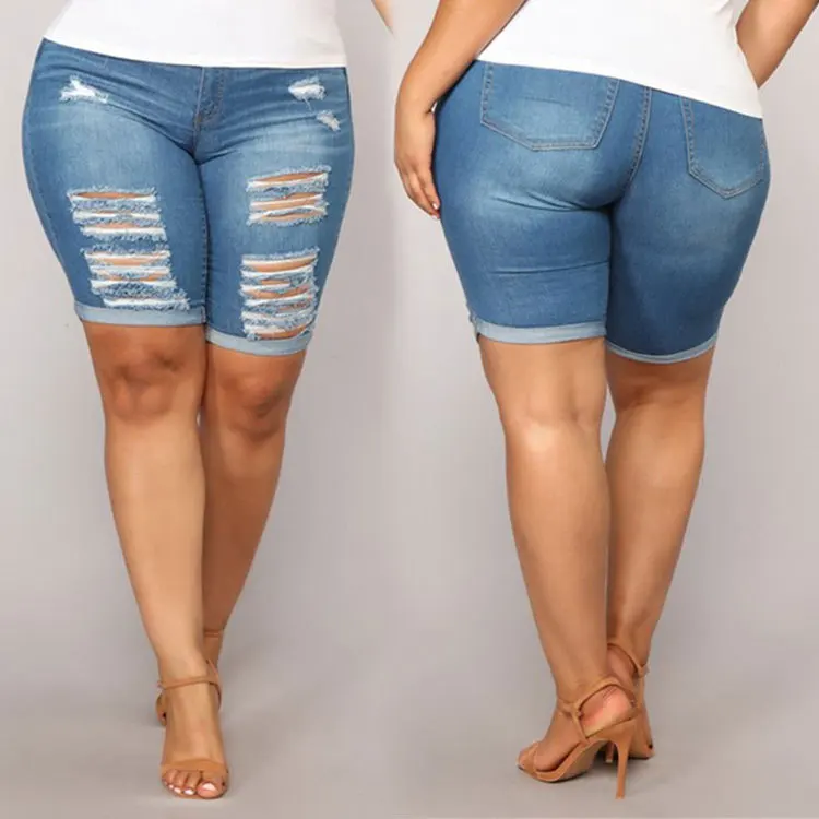 

High quality wholesale custom L-5XL plus size hole denim shorts for women, Shown