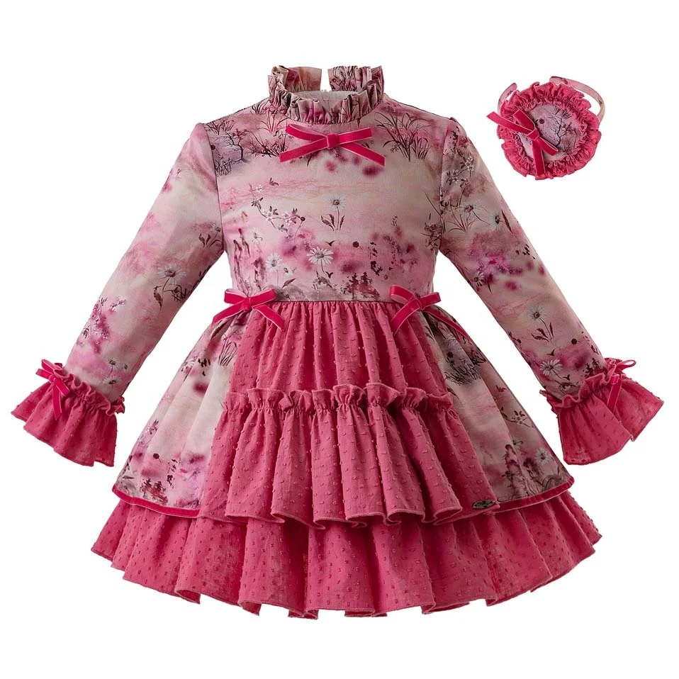 

OEM Pettigirl Long Frocks For Kids Bow Collar Girls Dresses With Headband