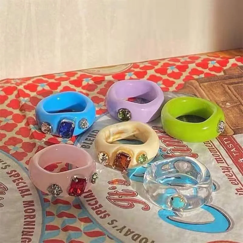 

RZ0609 2021 Fashion Acid Acrylic Acetate Simple Clear Colorful Ring Resin Ring Set Jewelry Wholesale Resin Acrylic Rings, Gold & rhinestone