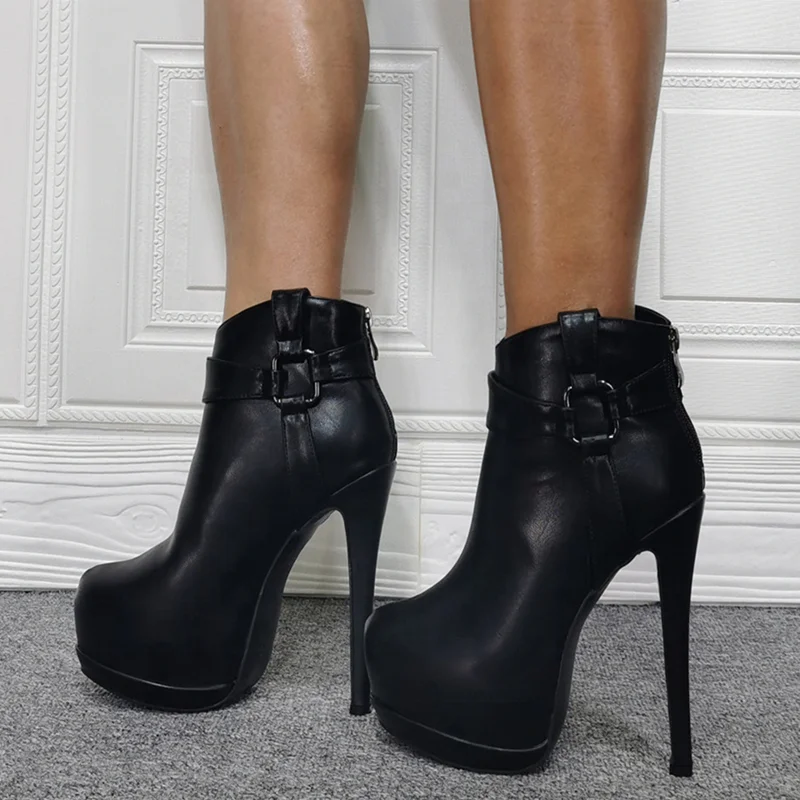 

Simple Style Solid Black Back Zip Round Toe Platform Ankle Boots for Ladies Sexy Shoes Booty High Heel Customize Big Size 47