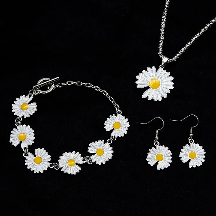 

LQ-06 Wholesale Jewelleries Kit Fancy Fashion Girls Jewelry Sets Womens Daisy Flower Bracelet Earrings Necklace Set, As picture