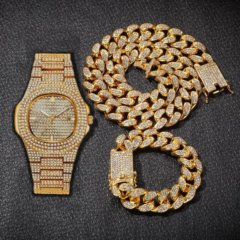 

Fashion 3pcs/set Gold Men's Watch Gift Set Stylish 20 Inch Necklace Bracelet Diamond Watches Sets Quartz Wristwatch