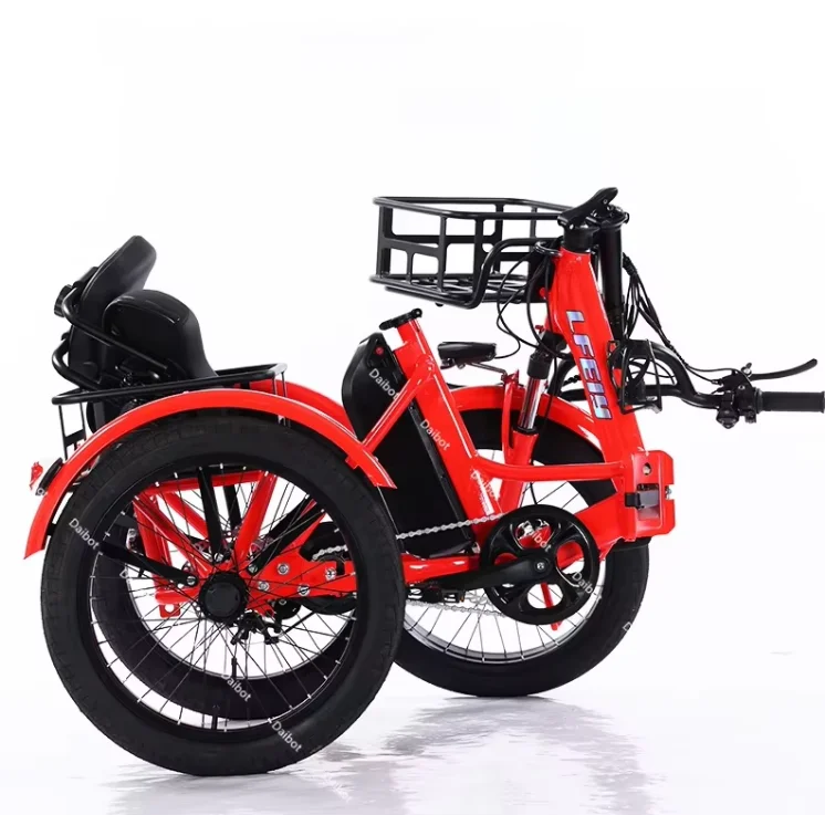 350W Fat Tire Blue Small Electric Tricycle Folding Adults 3 Wheel Cargo Booster Removable Lithium Battery Brushless Motor