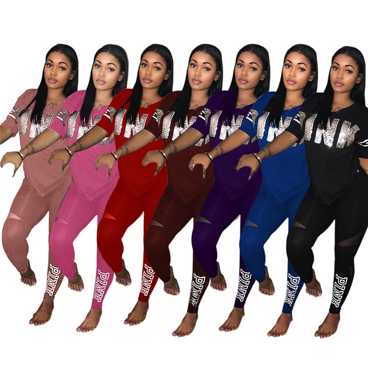

Plus Size Casual Short Sleeve T-Shirt Long Pants Women Casual Two Piece Set Print Letter Pink Sport Outfit, Customized color