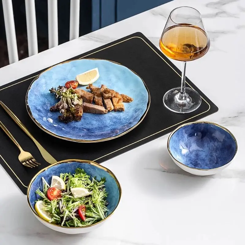 

Modern simplicity Creativity ceramic salad bowl Gold Inlay Steak plate Household tableware