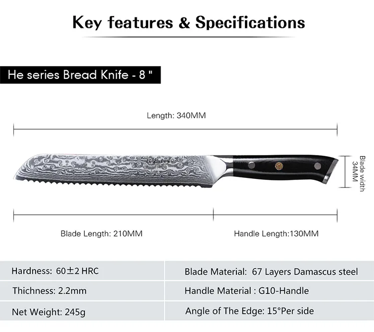 kitchen knives bread knife vg10 steel black g10 handle