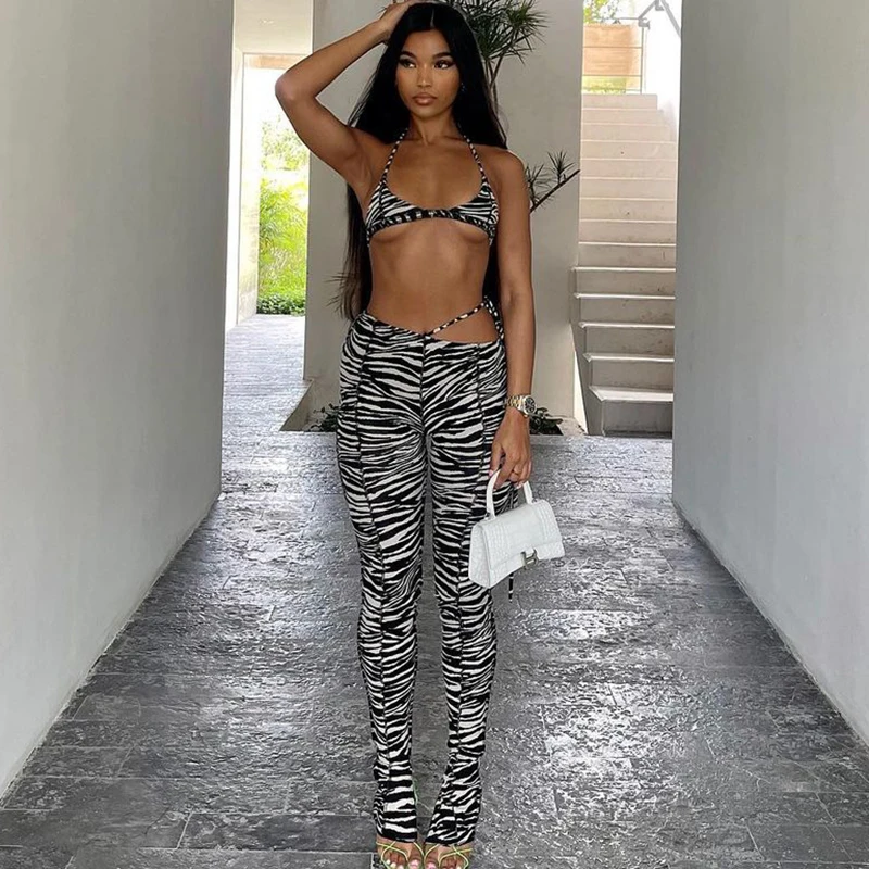 

Bomblook K21ST173 Fashion Zebra Pattern Women Two Piece Pant Set 2021 New Arrival Sexy Strap Crop Top Bandage Skinny Pant Set