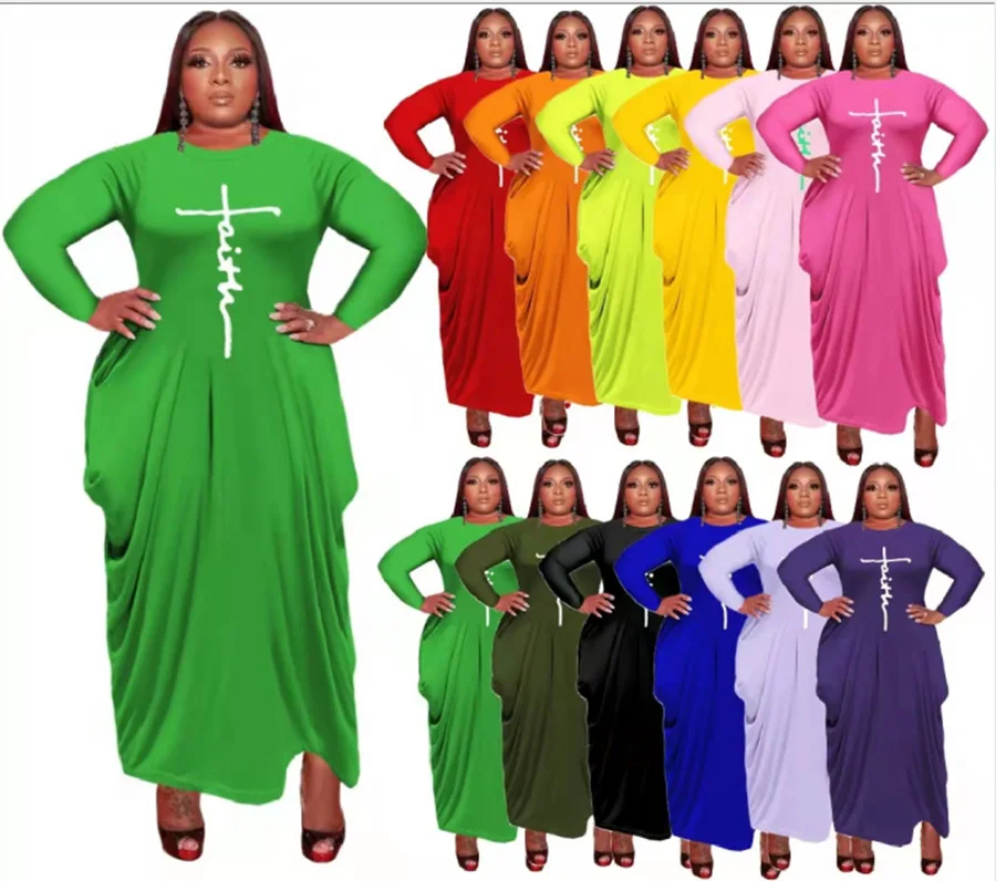 

Fall Winter Casual Dress Ladies Irregular Hem Long Sleeve Plus Size Maxi Faith Dresses For Fat Women, Picture color