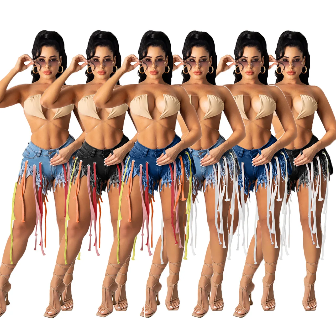 

Factory Price Eyelet Streamer Tassel Denim Shorts For Women Elasticity Washed Sexy Short Jeans