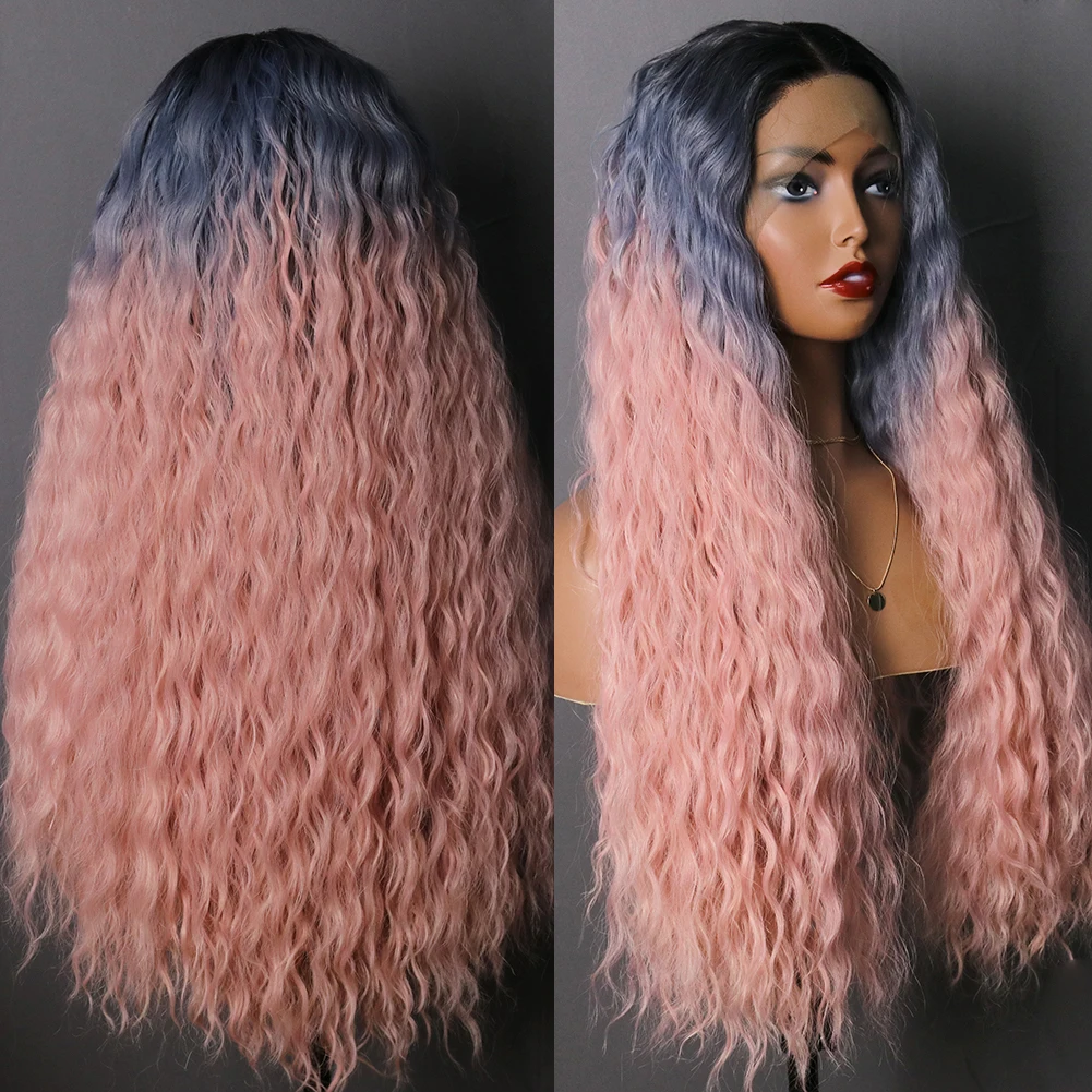 

Blue Ombre Pink Curly Synthetic Lace Wig Lace Wig Pre Plucked Colorful Lace Wig for Women Silky Straight Long Hair