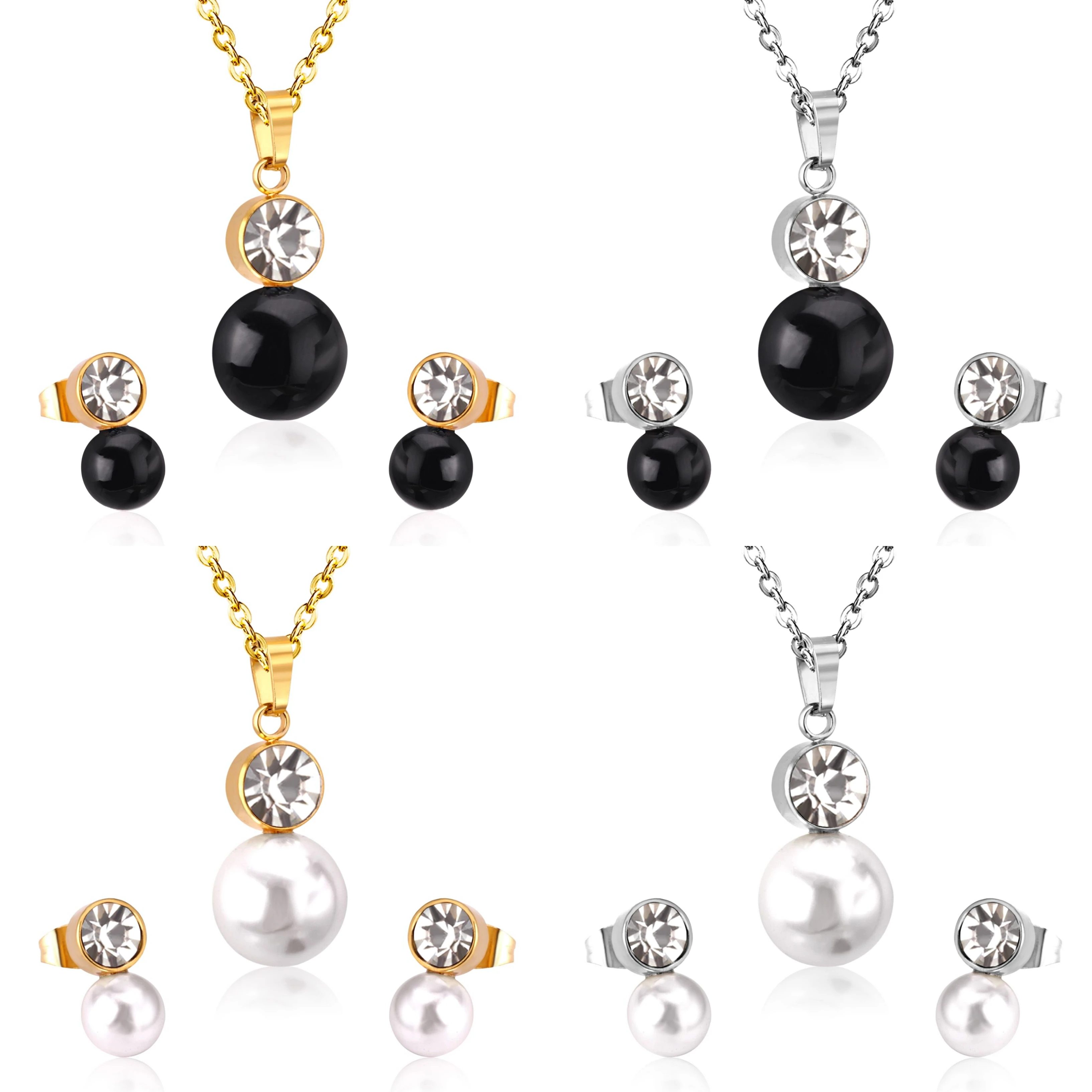 

Women Necklace Earrings Sets With Black Shell Zircon Pendant Brand Jewelry Sets, Gold and silver