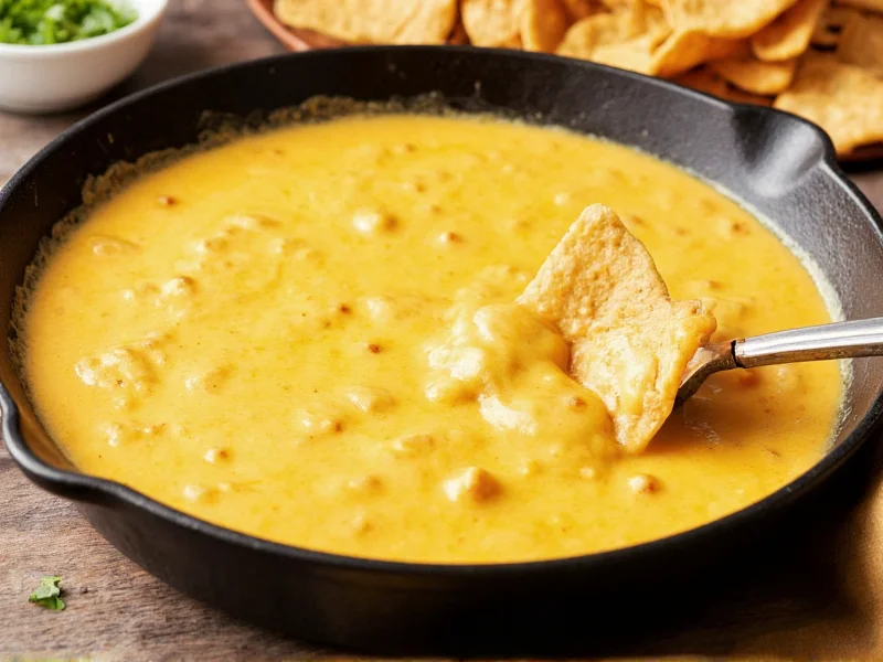 Creamy golden queso in cast iron skillet with tortilla chips