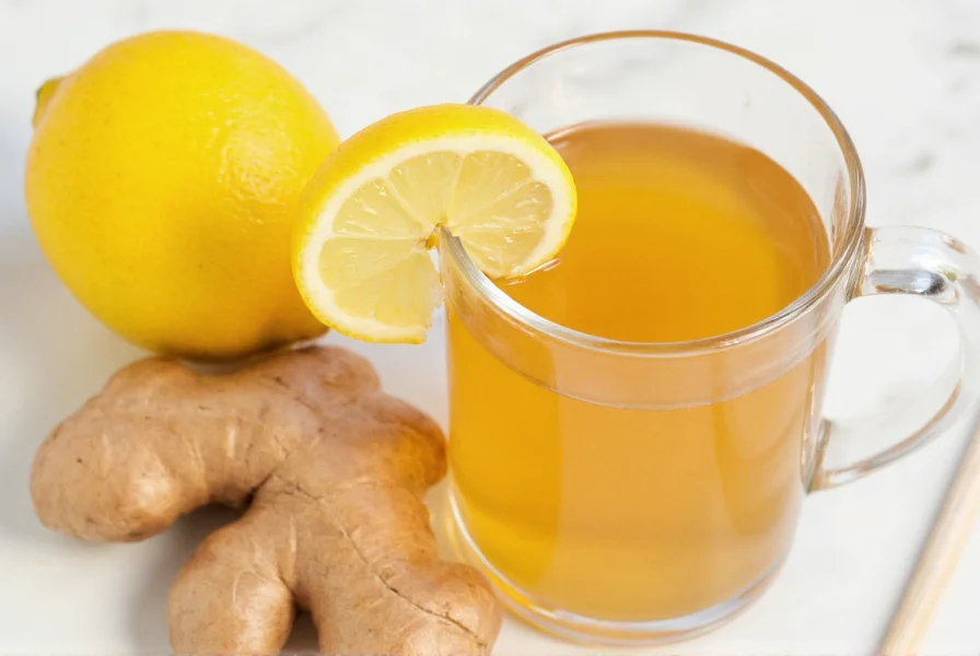 Two mugs of golden ginger lemon tea with fresh lemon slices on a wooden table