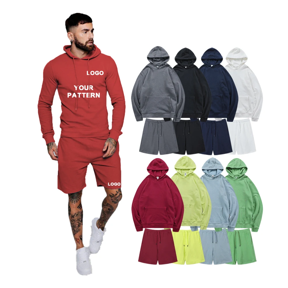 

2021 Private Label Logo Plain Pure dye Sweat Set Men Cotton Hoodies Set Casual Mens Fall Hoodie Shorts Two Piece Set