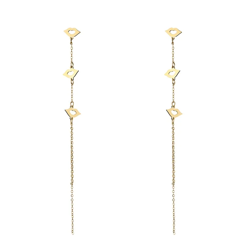

Wholesale Stainless Steel Women Jewelry Stud Long Tassel 14K Gold Plated Lip Kiss Earrings