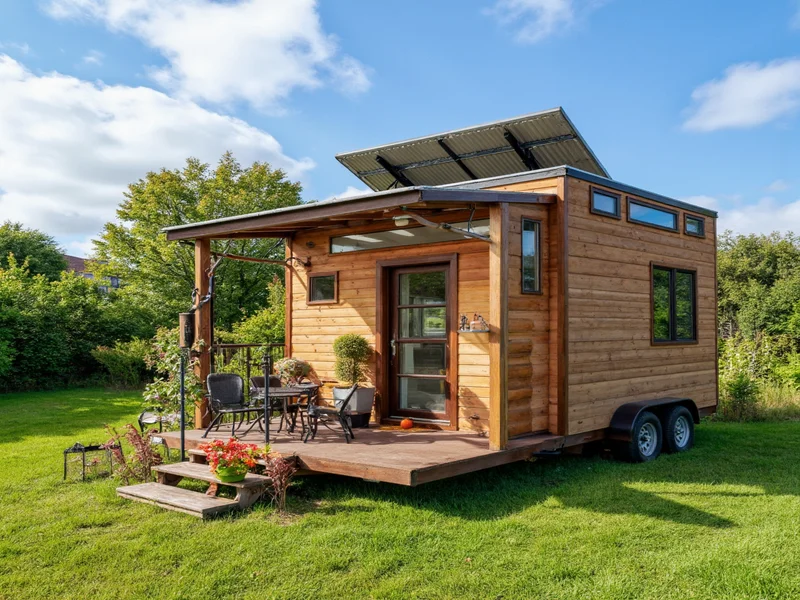 DIY tiny house on trailer with solar panels and garden