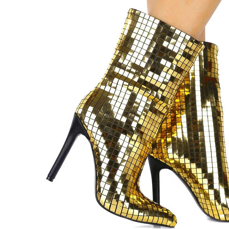 

Golden metallic luster shining checkered ankle boot for women and ladies