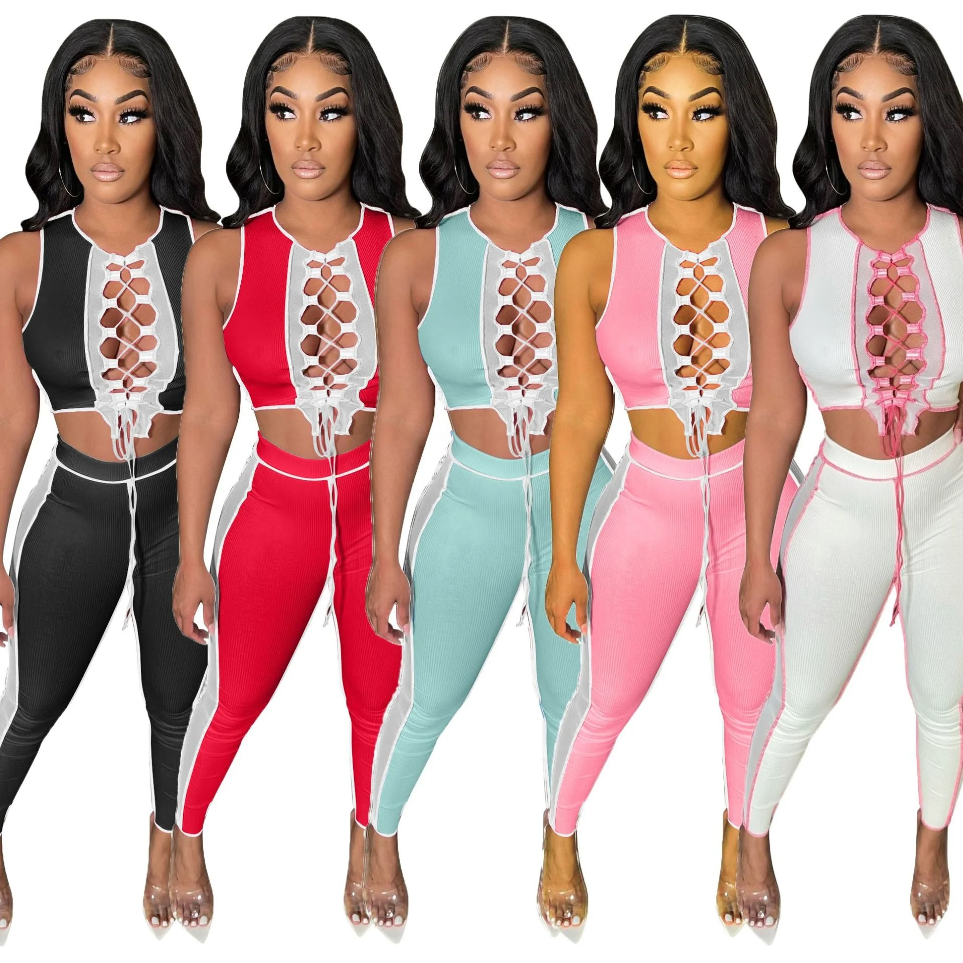 

2021 Summer Women Nightclub Party Wear Sheer Mesh Matching Outfit Patchwork Crop Top Slim Fit Tracksuit Pants Set