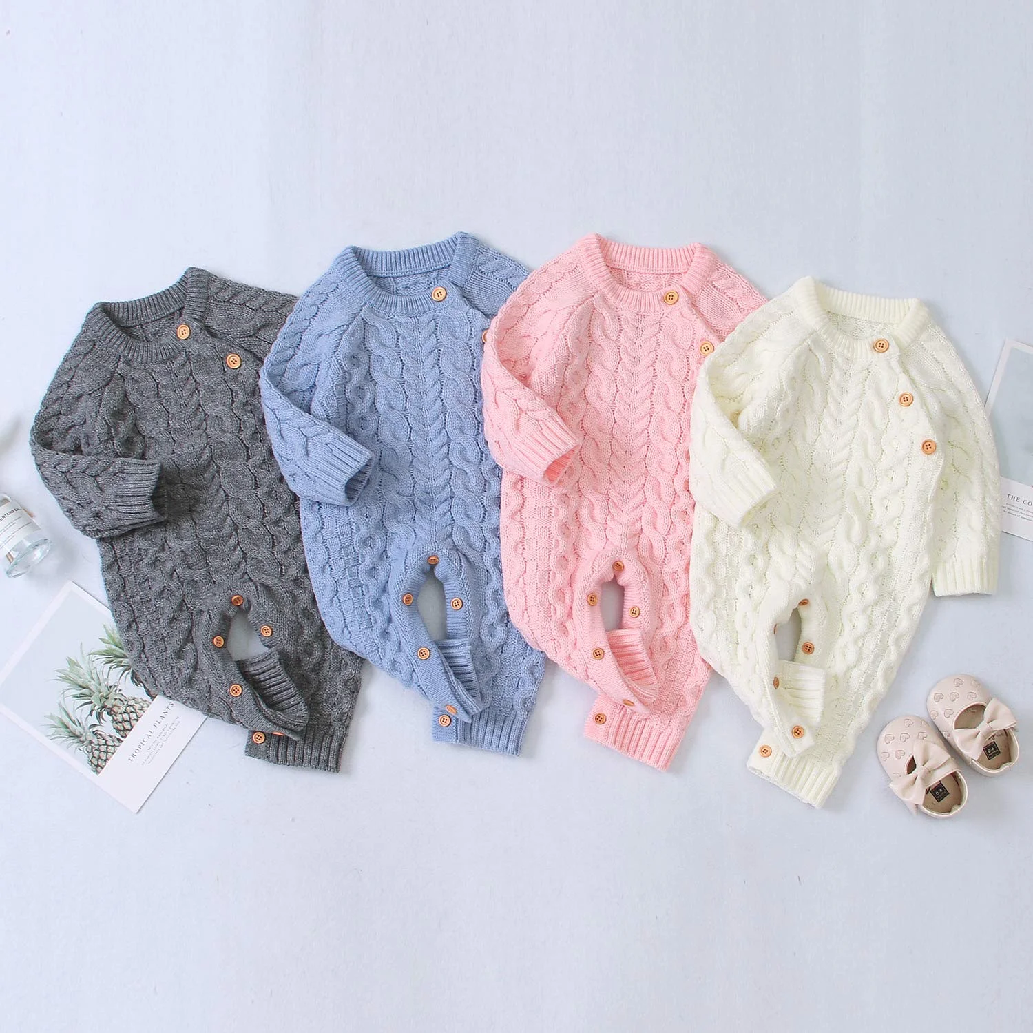 

Hot Sale Rompers And Jumpsuit Baby Rompers Wholesale Winter Long Sleeve Knitted Heather Cotton New Born Baby Girls' Rompers, Picture