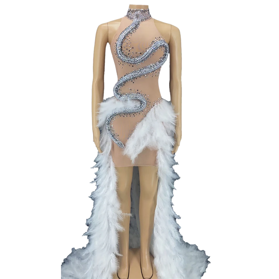 

Luxury See Through Snake Crystal Feathers Trailing Prom Gown Sexy Stage Costume Mermaid Wedding Party Dress Women Evening Dress, Nude