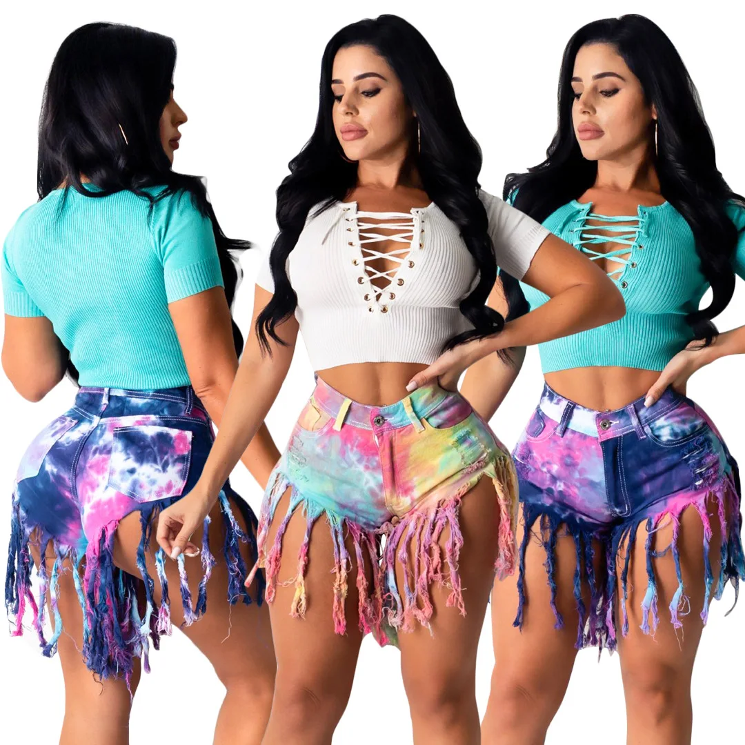 

women multicolor tie dying tassel fringe ripped motor jeans shorts