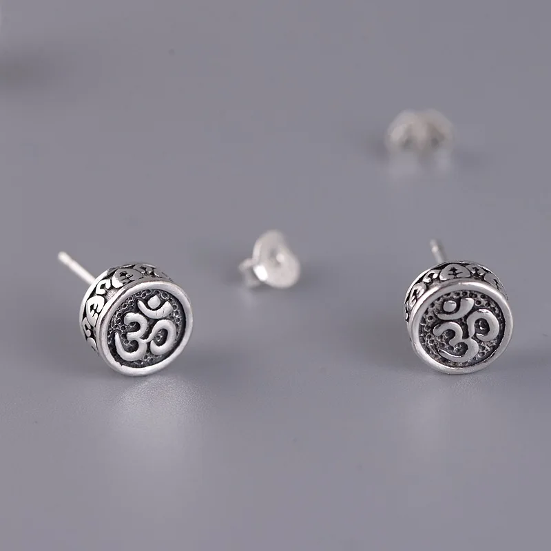 

Real 925 Sterling Silver OM Mantra Stud Earrings For Women and Men Retro Antique Style Six-Word Sutra Buddhism Jewelry