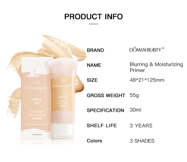 Domani Beauty 2020 Base Organic Moisture 3 Colors Brighten Sunscreen Oil Control Waterproof Makeup Wholesale Liquid Face Primer