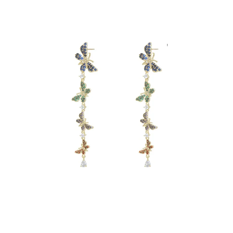 ED64488 Korean colorful diamond butterfly tassel long drop stud earrings fashion gold plated women jewelry