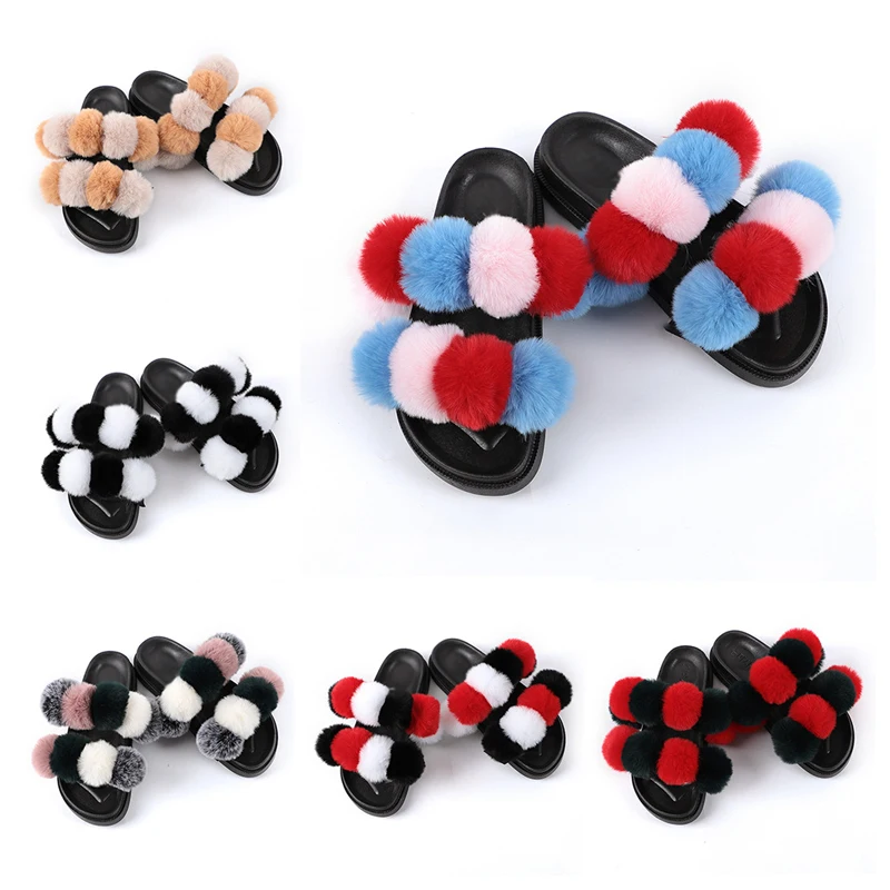 

Factory direct sale color wool ball plush slippers women wear autumn and winter new large plush cotton slippers