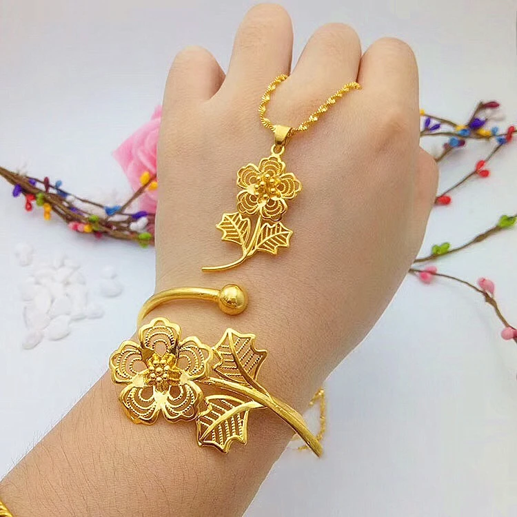 Gold Plated Rose Flower Bracelet Setgold Bracelet Pendant Wedding Jewelry