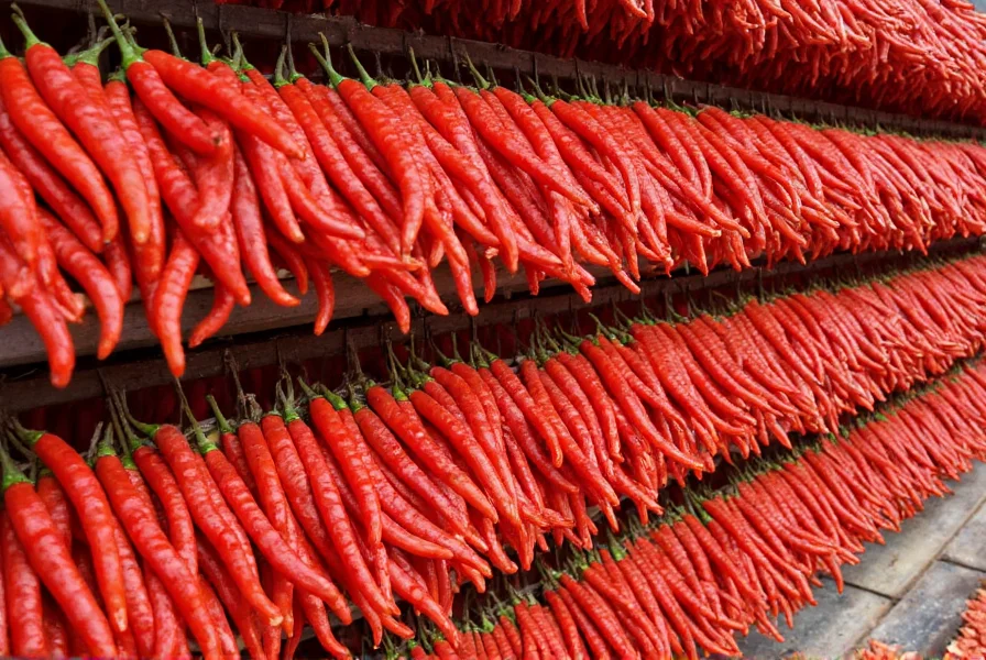Traditional Calabrian pepper drying process on wooden racks