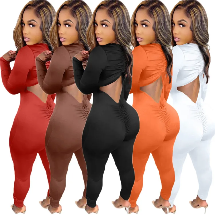 

2021 New One Piece Ladies Rompers Long Sleeve Backless Stacked Fall Women Bodycon Jumpsuits, Picture shown