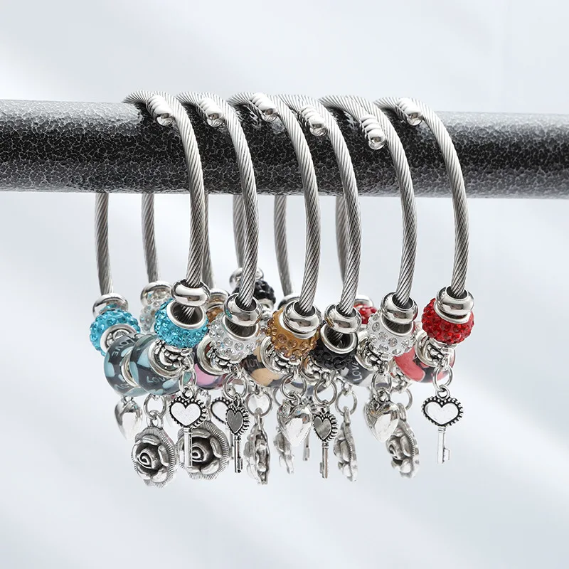 

Fashion beads Europe popular heart rose flower Adjustable bracelet women Wire charm bracelet, 6 color