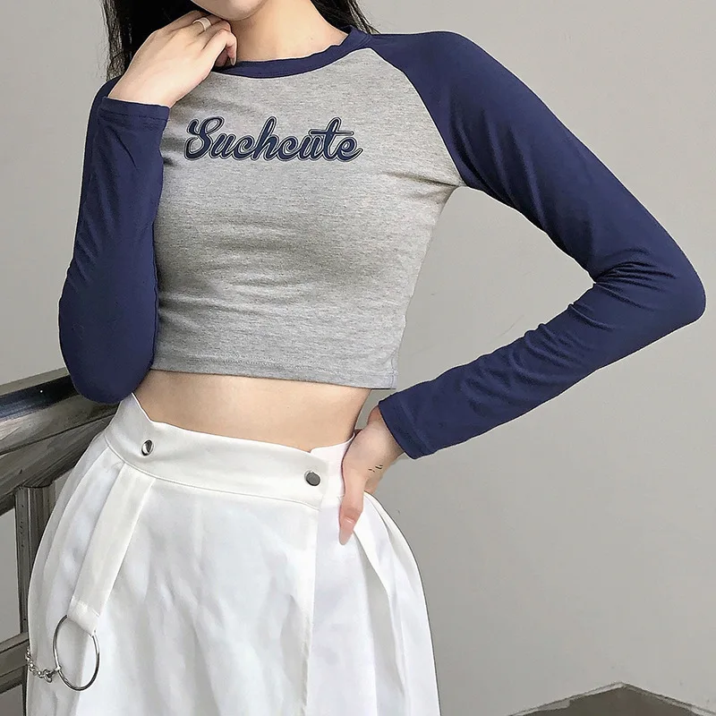 

2021 2 Pieces Letter Print Cotton Tshirt Women Autumn Casual Crop Top T Shirt Ladies Fashion Basic T-shirt Winter, 3colors