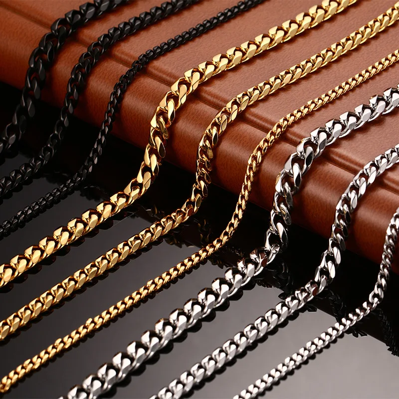 

men hiphop body jewelry stainless steel 3mm wide 60cm length 18K gold plated cuban chain necklace, Gold/ silver/black