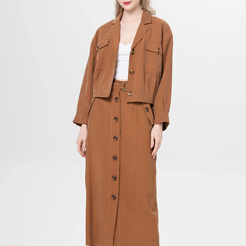 

Casual Elegant High Waist Belted Button Down Slit Plaid Pencil Long Skirts Set for Women