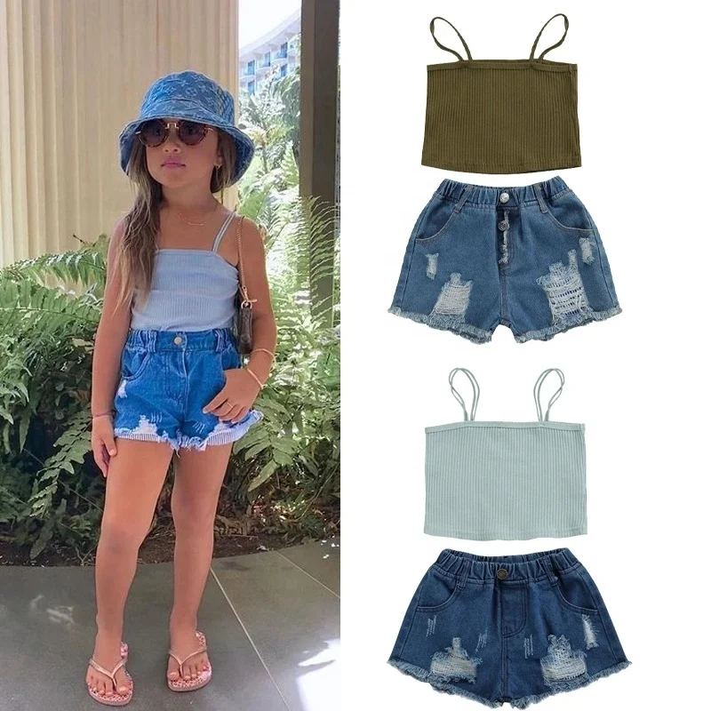 

5195 Summer Kids Baby Girls Clothes Sets 2pcs Sleeveless Tanks Tops+Ripped Denim Hole Jeans Shorts Casual Clothing Outfits Sets, As picture shows