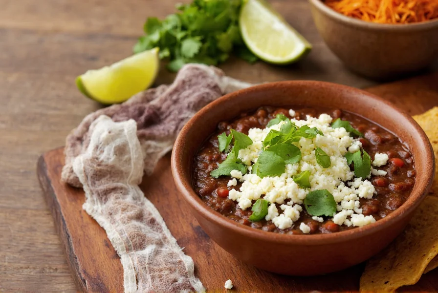 Bowl of chocolate chili served with toppings including queso fresco, cilantro, and lime wedges on wooden table