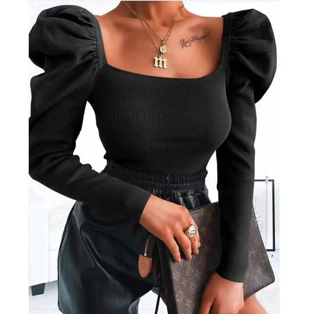 Wholesale boutique square neck women cloth vintage puff long sleeve lady blouse tshirt