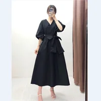 

2019 fall new design v neck lantern half sleeve woman maxi casual dress with belt