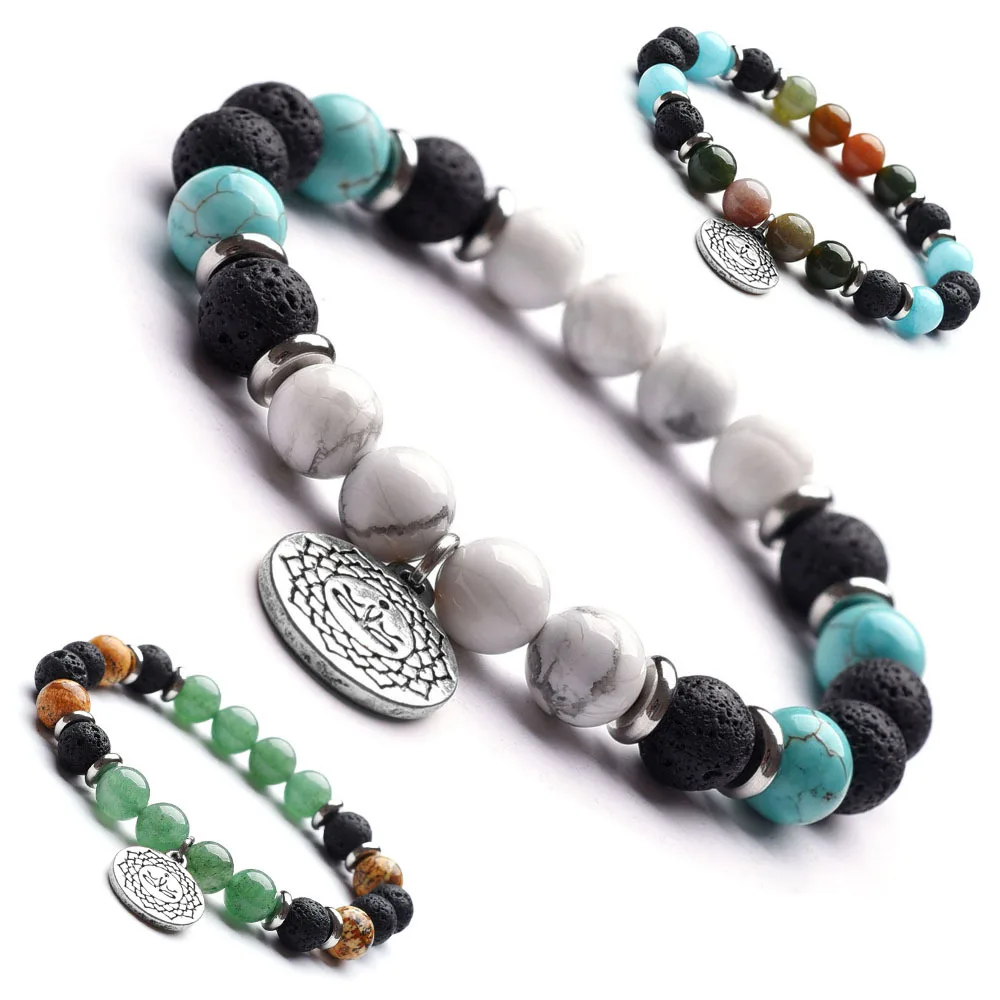 

Yoga symbol natural marbled stone stretch bracelet lava essential oil diffuser stone bracelet, As pic show
