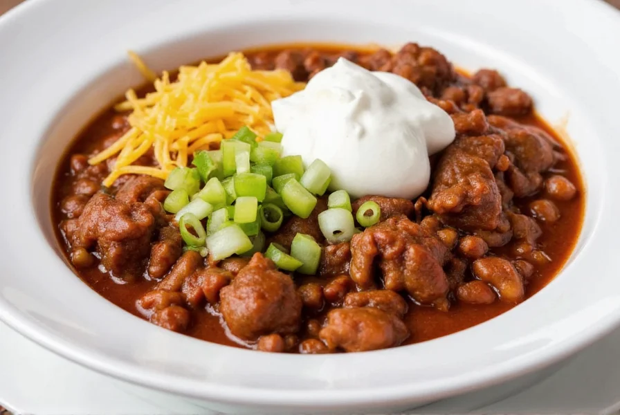 Finished beef brisket chili served in white bowl with toppings: diced onions, shredded cheese, and sour cream