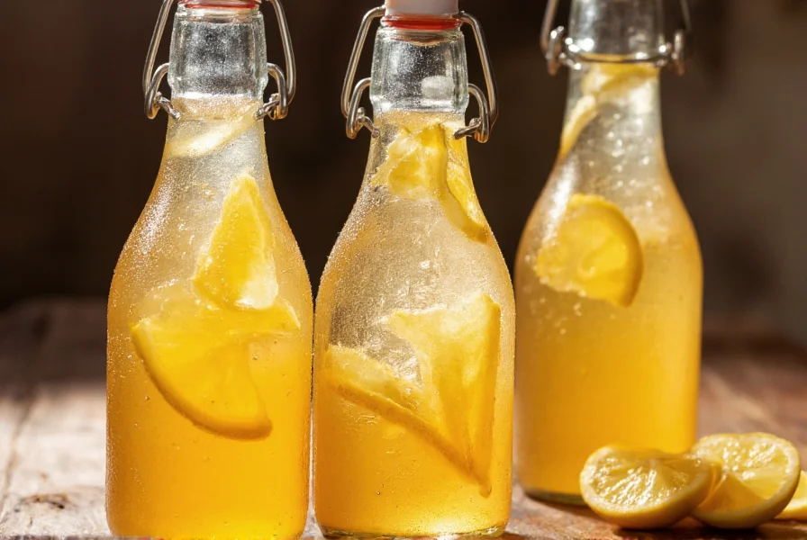 Bottles of homemade ginger ale with condensation, served in glasses with lemon slices