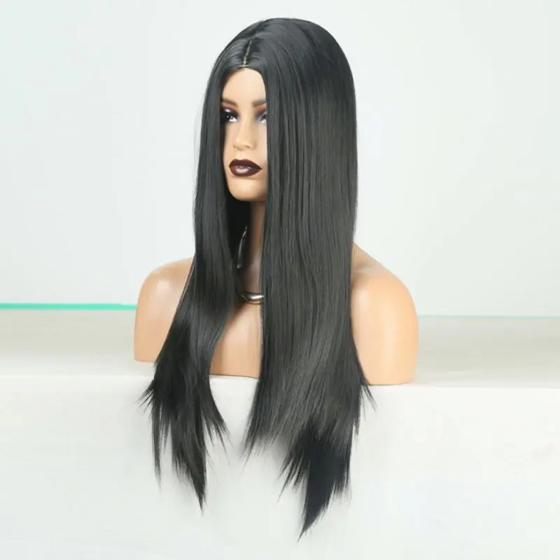 

Black Chemical Fiber Long Straight High Temperature Silk Headgear Human Hair Wig