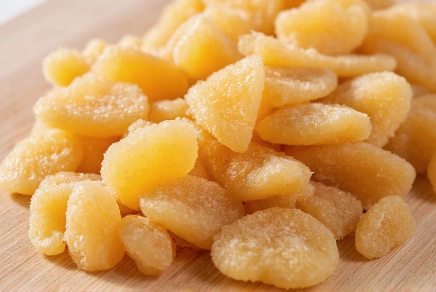 Close-up photograph of crystallized ginger pieces showing translucent texture and sugar coating on wooden cutting board