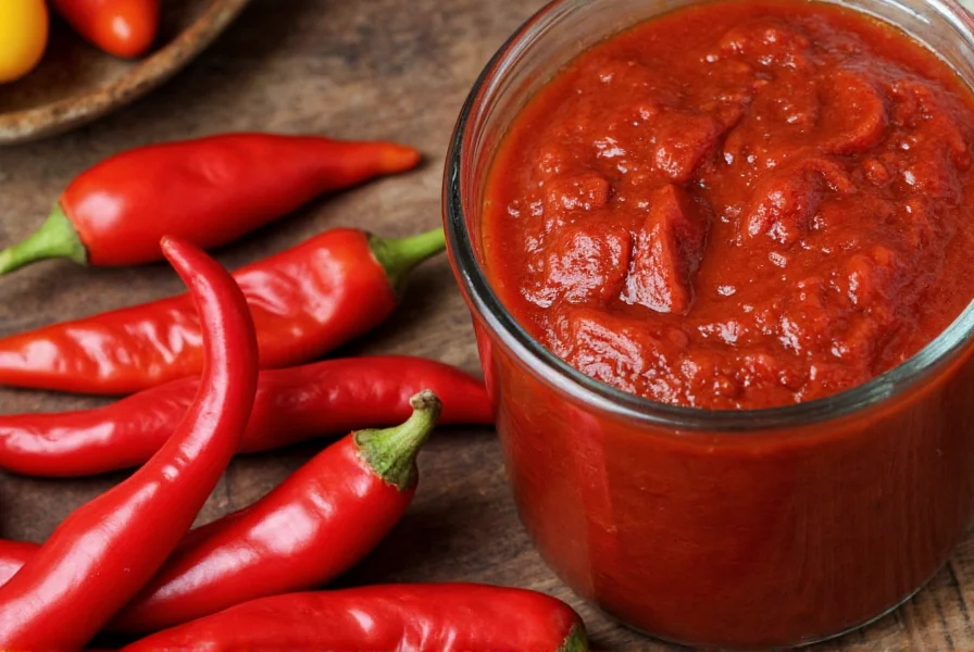 Authentic Calabrian chili paste jar next to fresh Calabrian peppers showing the distinctive deep red color and oily texture