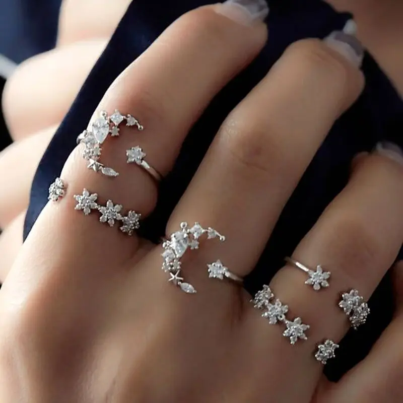 

Bohemia 5Pcs/Set Rhinestone Crystal Moon Stars Bride Ring Sets Retro Silver Weeding Crystal Flower Moon Earrings Set For Women