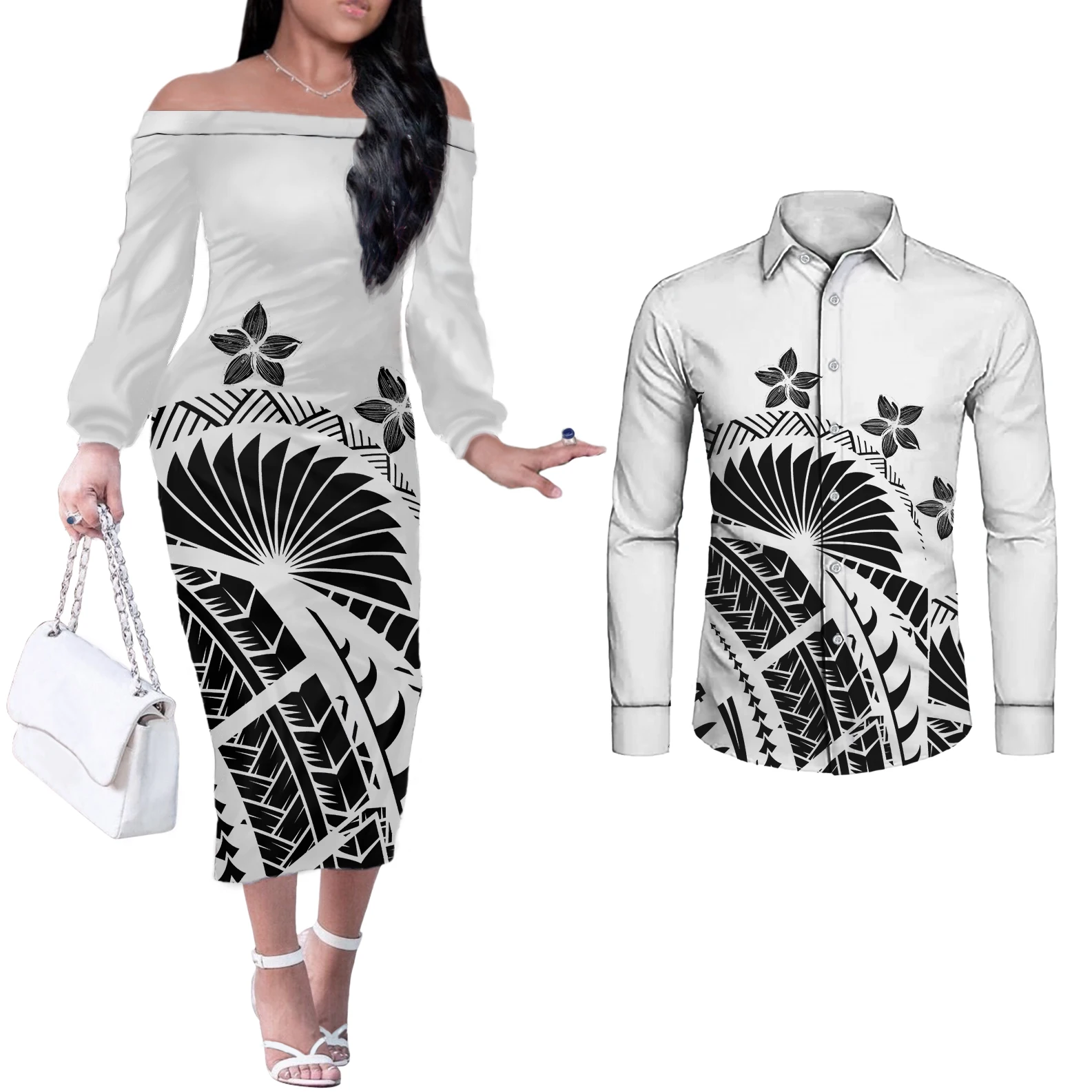 

2021 Polynesian Tribal Print black and white clothing couple clothes women Dress Off Shoulder Dress Match Long Sleeve Men Shirts, Customized color